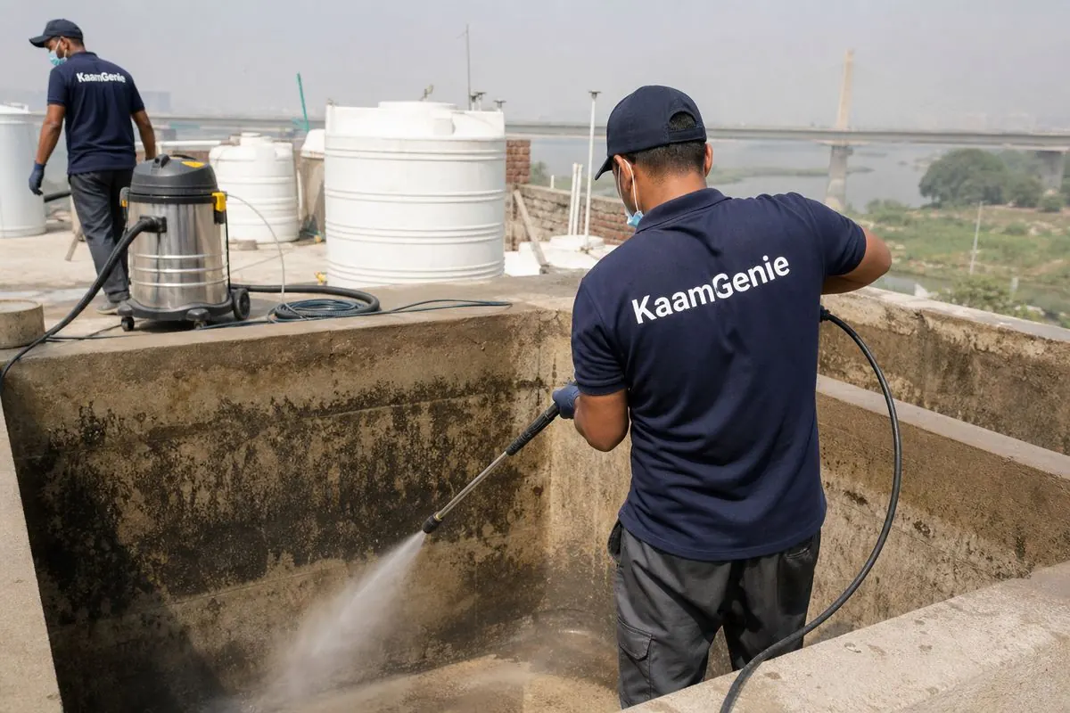 KaamGenie crew cleaning a overhead (rooftop) tank in Geeta Colony, Delhi