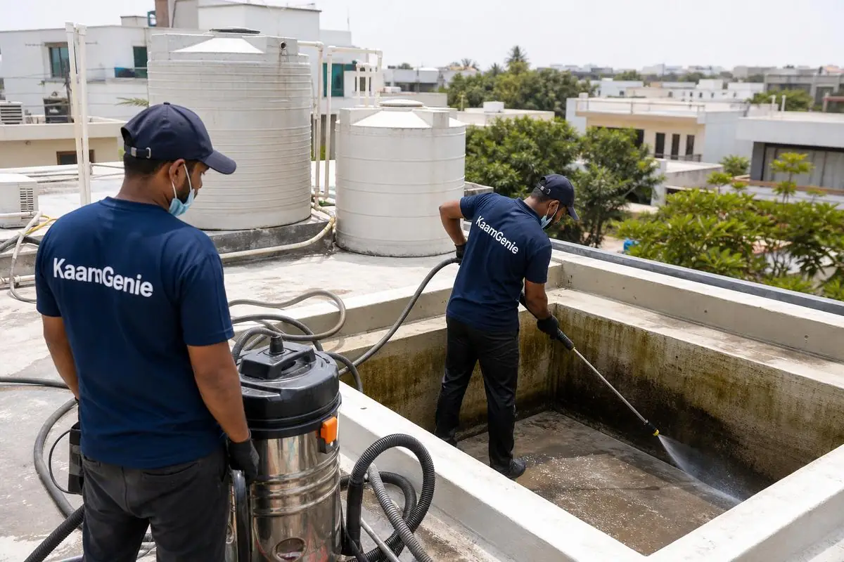 KaamGenie crew cleaning a overhead (rooftop) tank in Geetanjali Enclave, Delhi