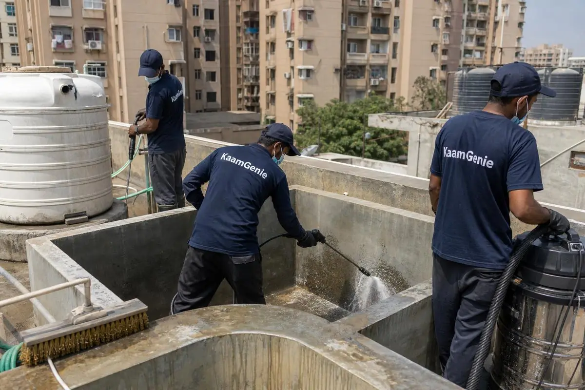 KaamGenie crew cleaning a overhead (rooftop) tank in Gharoli, Delhi