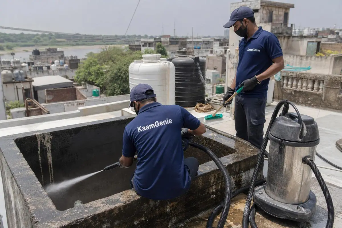 KaamGenie crew cleaning a overhead (rooftop) tank in Ghonda, Delhi