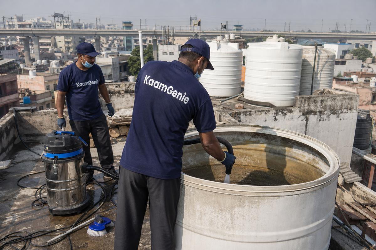 KaamGenie crew cleaning a overhead (rooftop) tank in Gokalpuri, Delhi