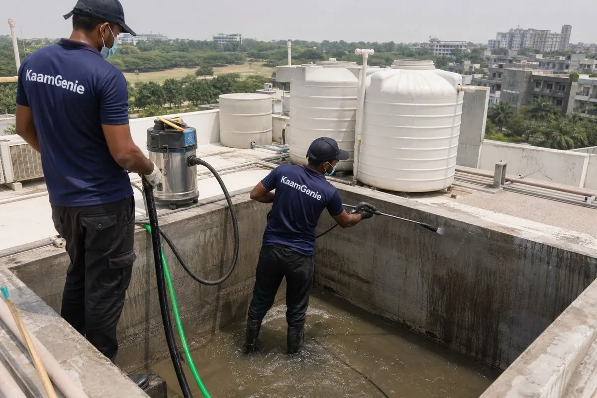 KaamGenie crew cleaning a overhead (rooftop) tank in Golf Links, Delhi