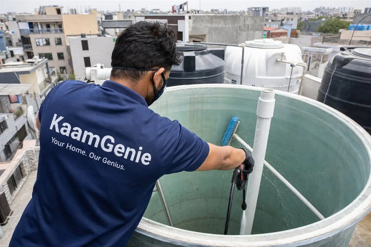 KaamGenie crew cleaning a overhead (rooftop) tank in Govindpuri, Delhi