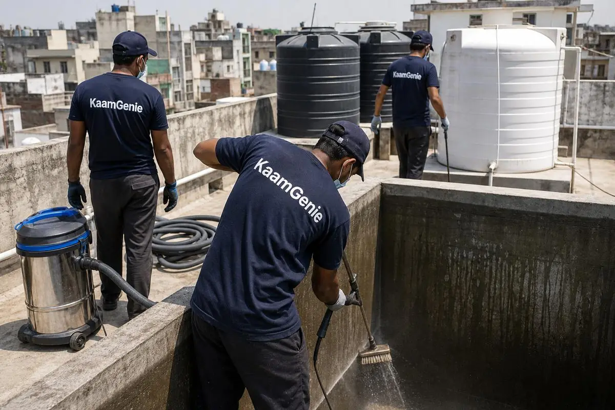 KaamGenie crew cleaning a overhead (rooftop) tank in Gujranwala Colony (Kingsway Camp), Delhi