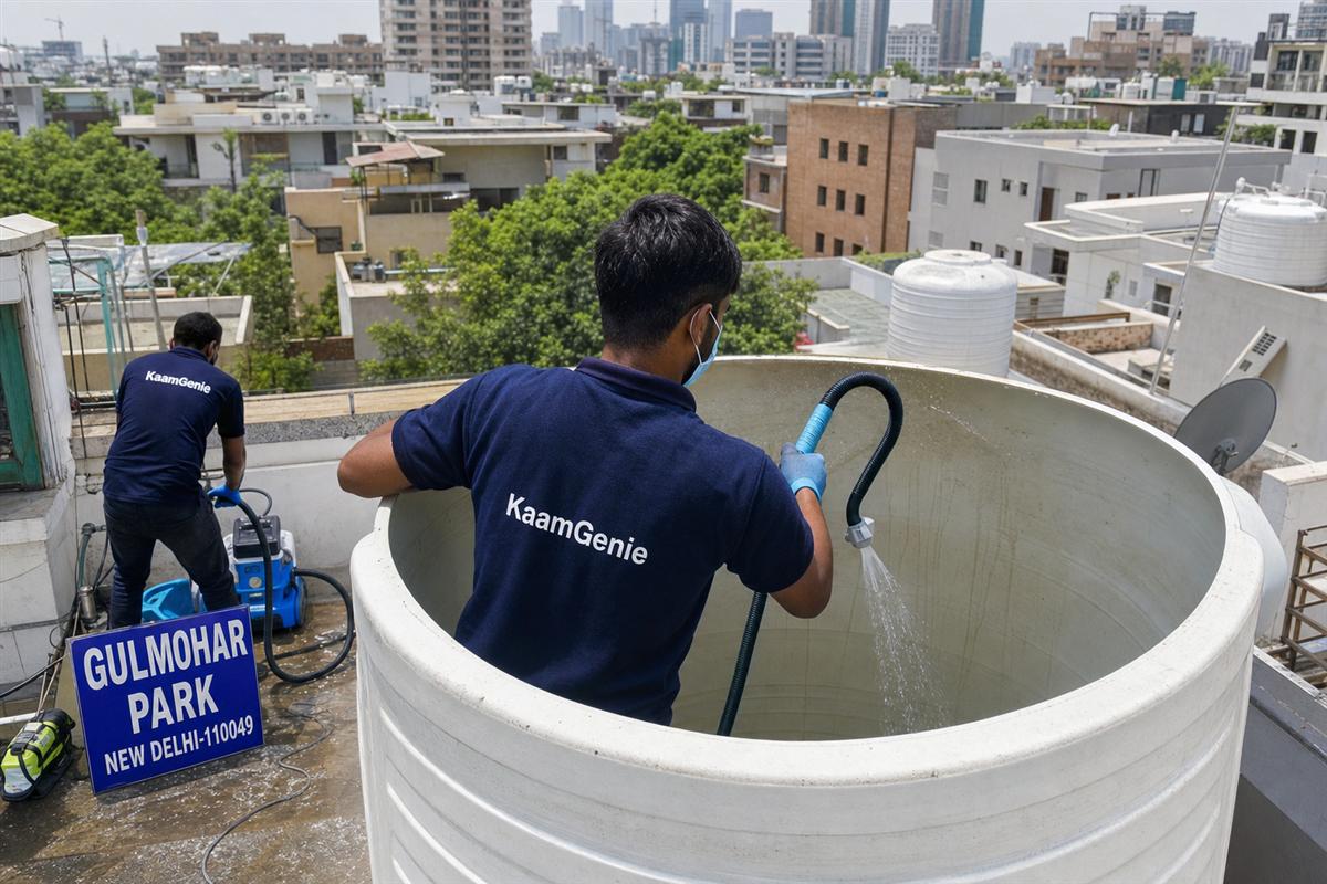 KaamGenie crew cleaning a overhead (rooftop) tank in Gulmohar Park, Delhi