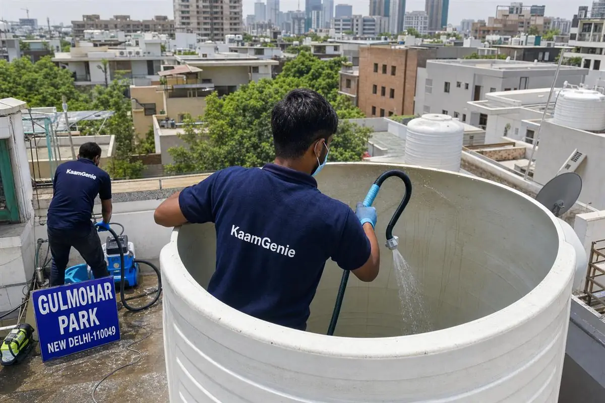 KaamGenie crew cleaning a overhead (rooftop) tank in Gulmohar Park, Delhi