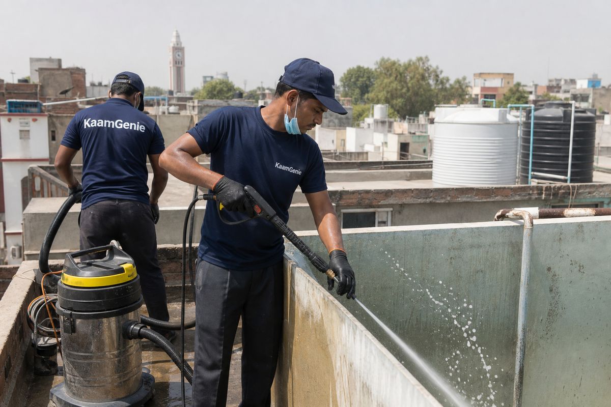 KaamGenie crew cleaning a overhead (rooftop) tank in Hari Nagar, Delhi