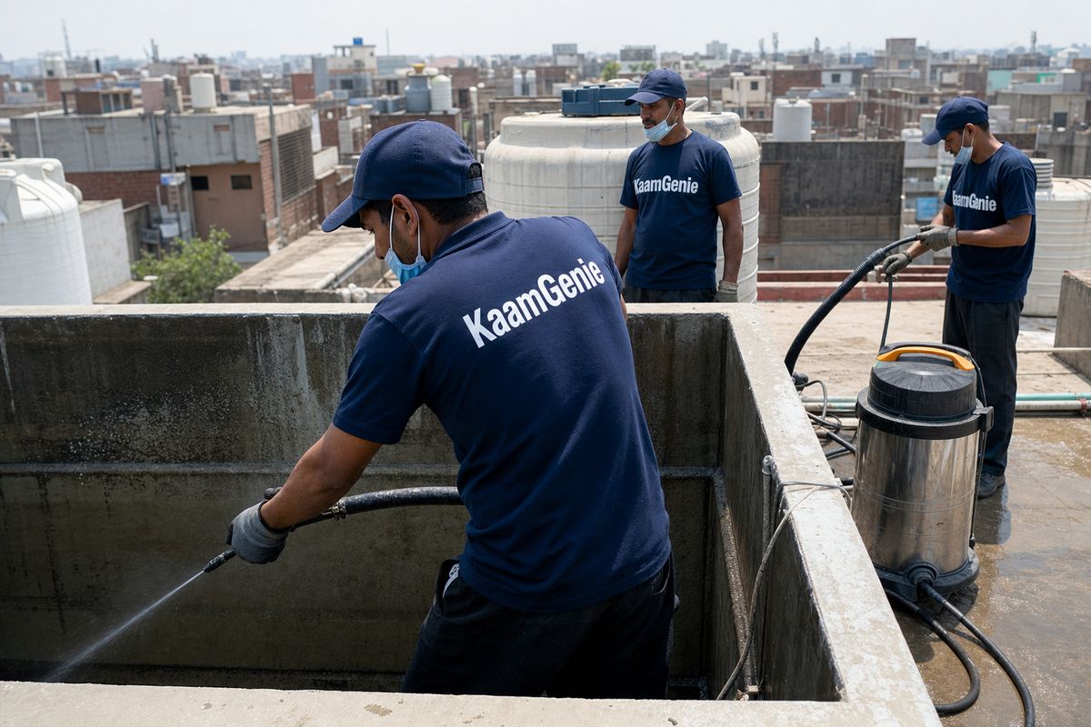KaamGenie crew cleaning a overhead (rooftop) tank in Harkesh Nagar, Delhi