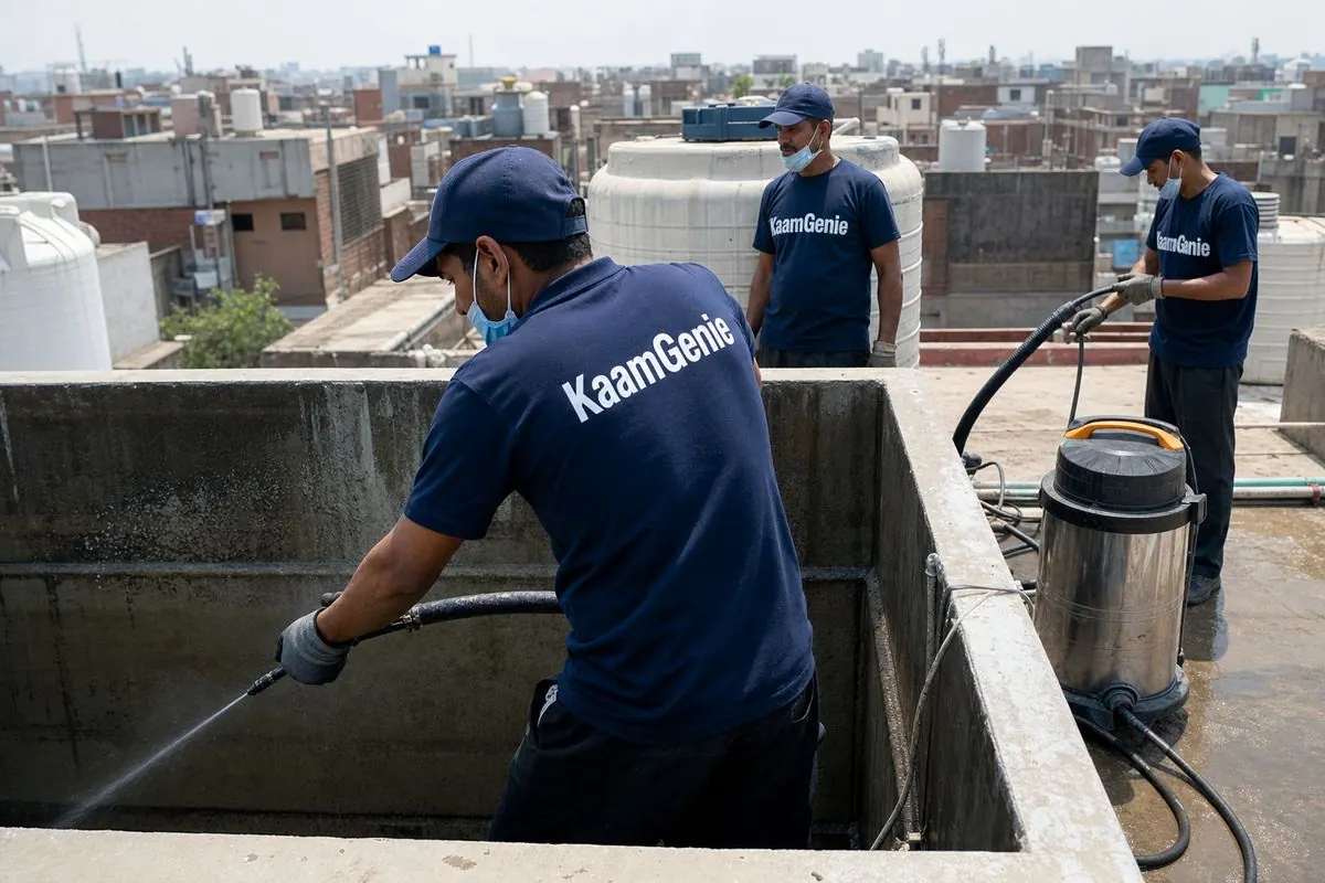 KaamGenie crew cleaning a overhead (rooftop) tank in Harkesh Nagar, Delhi