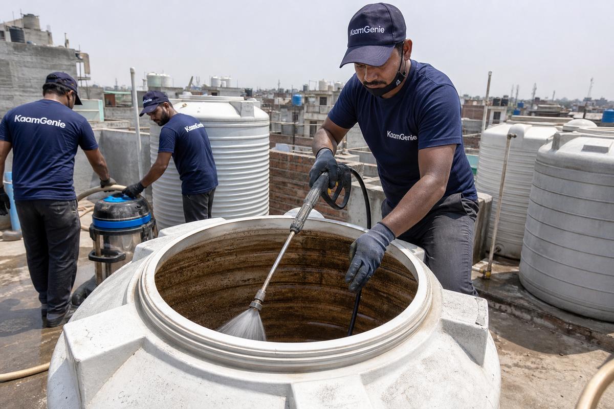 KaamGenie crew cleaning a overhead (rooftop) tank in Harsh Vihar, Delhi