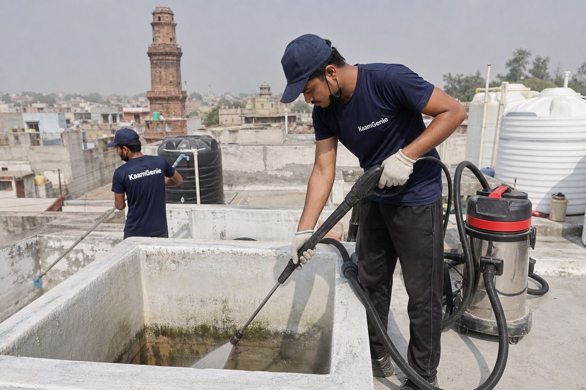 KaamGenie crew cleaning a overhead (rooftop) tank in Hastsal, Delhi