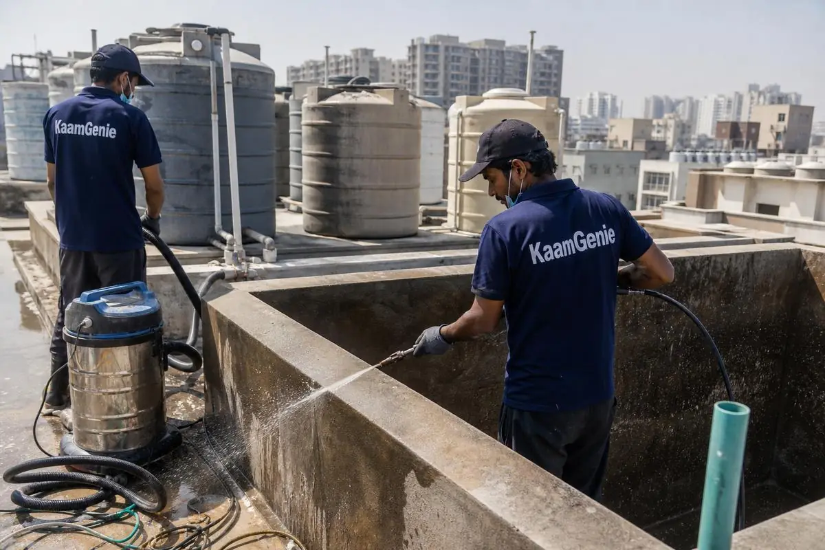 KaamGenie crew cleaning a overhead (rooftop) tank in HUDCO Place, Delhi