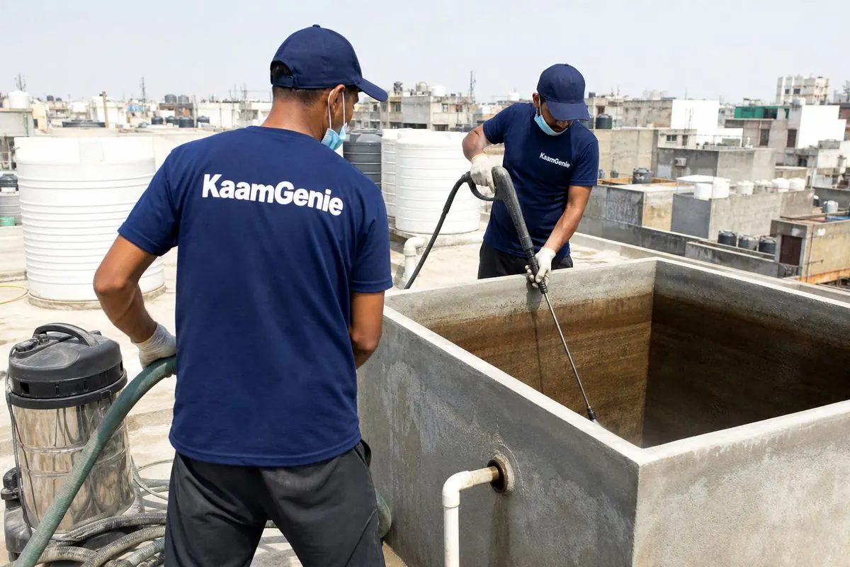 KaamGenie crew cleaning a overhead (rooftop) tank in Indira Vihar (Mukherjee Nagar side), Delhi