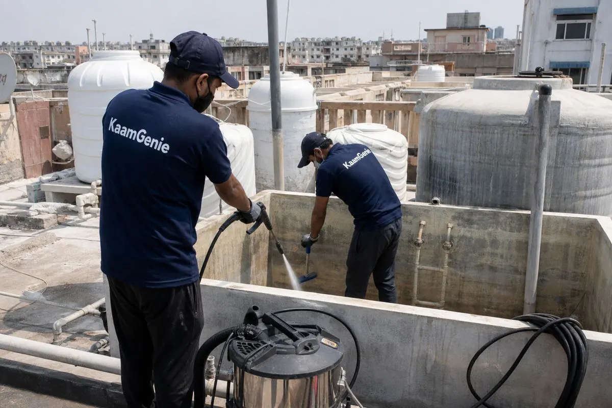 KaamGenie crew cleaning a overhead (rooftop) tank in IP Extension, Delhi