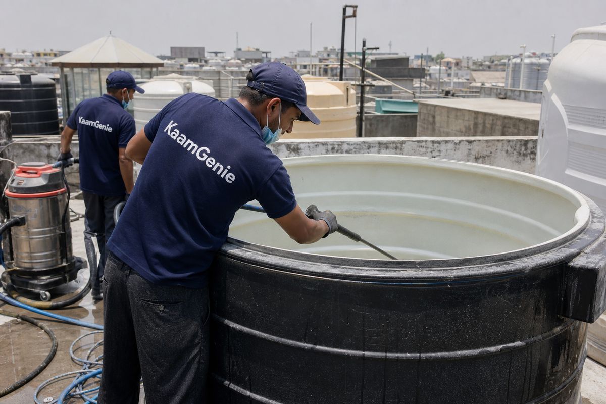 KaamGenie crew cleaning a overhead (rooftop) tank in Jail Road, Delhi
