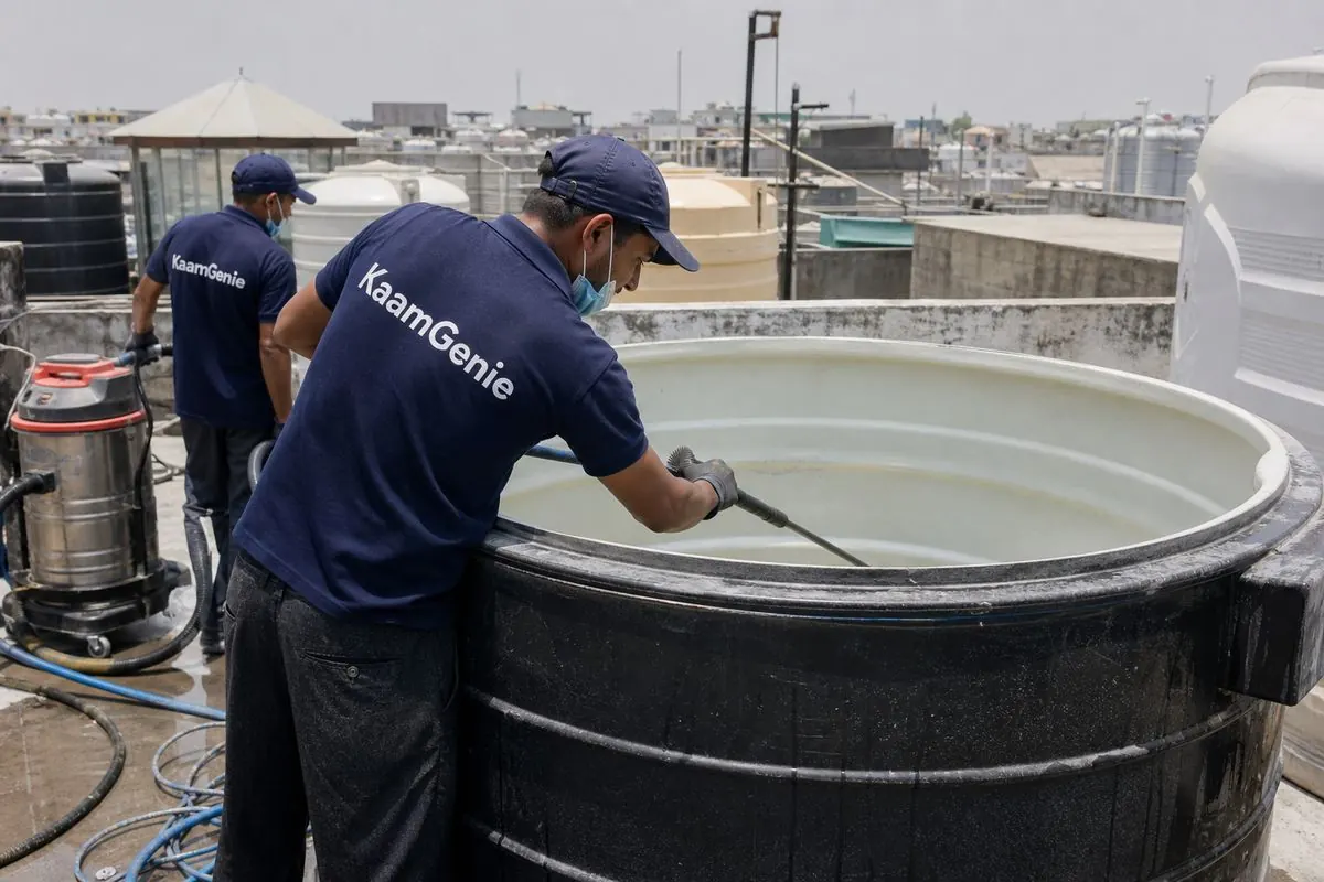 KaamGenie crew cleaning a overhead (rooftop) tank in Jail Road, Delhi