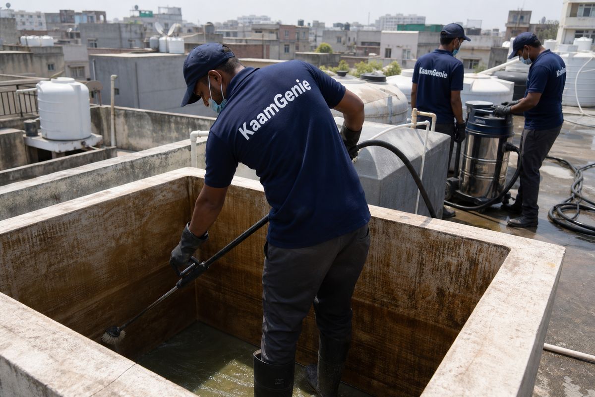 KaamGenie crew cleaning a overhead (rooftop) tank in Janakpuri B Block, Delhi