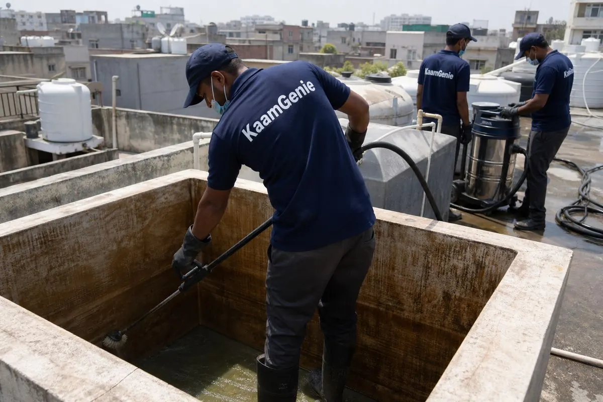 KaamGenie crew cleaning a overhead (rooftop) tank in Janakpuri B Block, Delhi