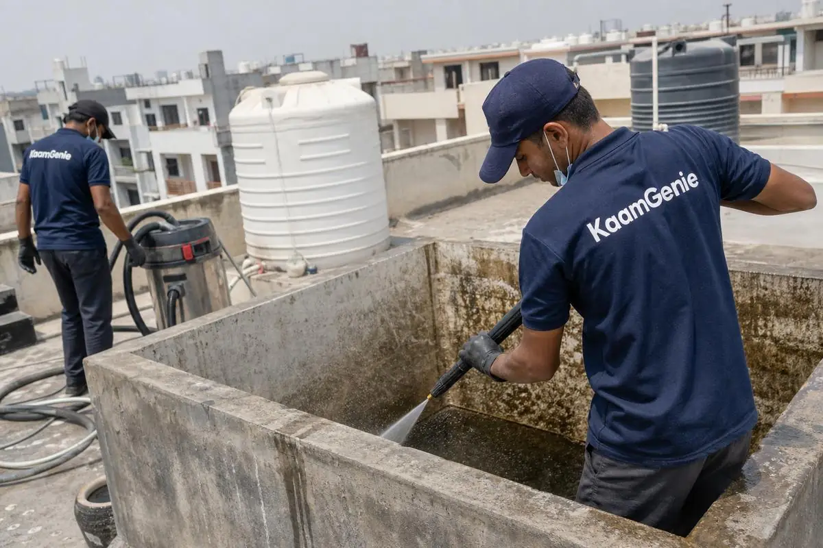 KaamGenie crew cleaning a overhead (rooftop) tank in Janakpuri C Block, Delhi