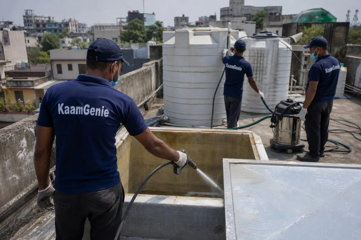 KaamGenie crew cleaning a overhead (rooftop) tank in Jangpura, Delhi