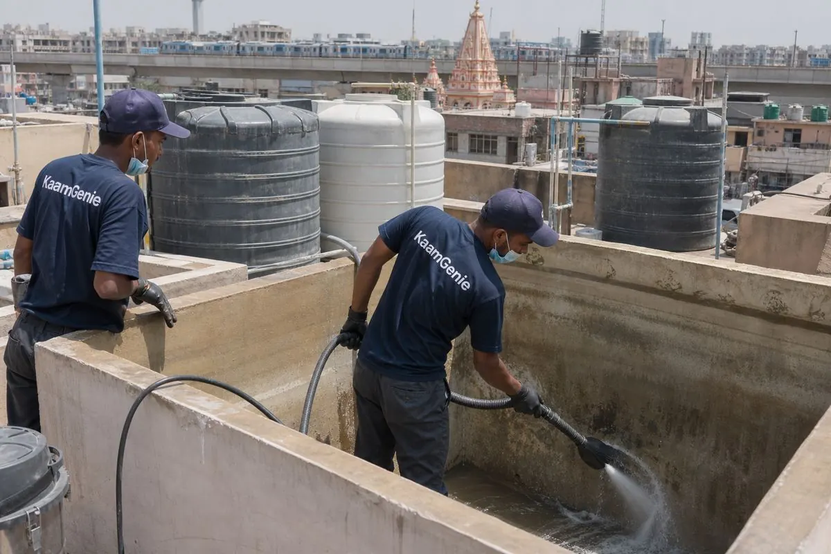 KaamGenie crew cleaning a overhead (rooftop) tank in Jhandewalan, Delhi