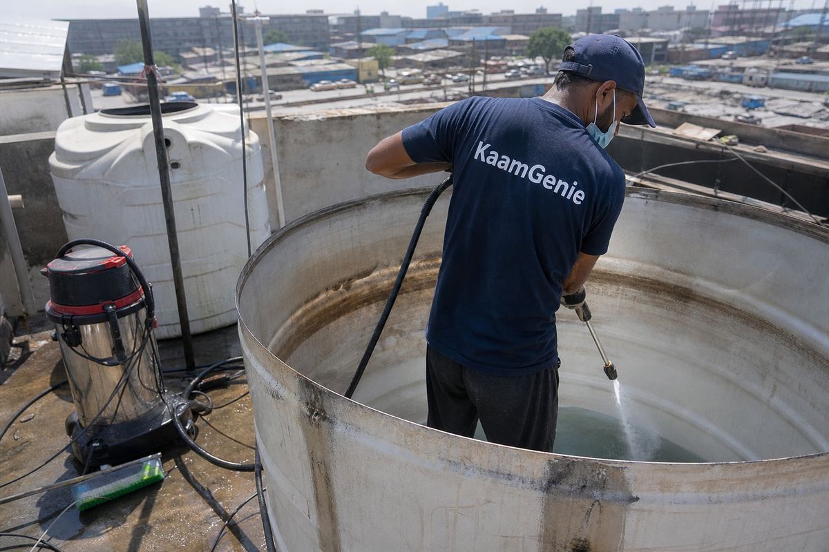 KaamGenie crew cleaning a overhead (rooftop) tank in Jhilmil Tahirpur, Delhi