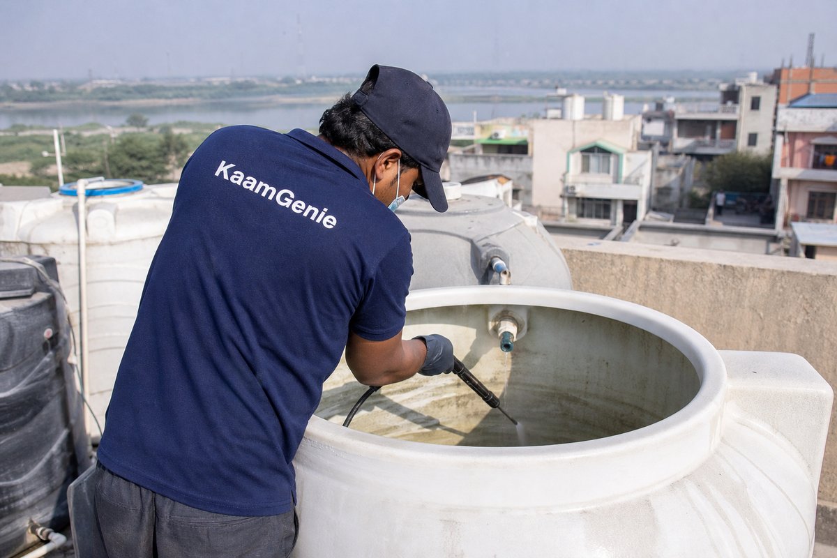 KaamGenie crew cleaning a overhead (rooftop) tank in Johripur, Delhi