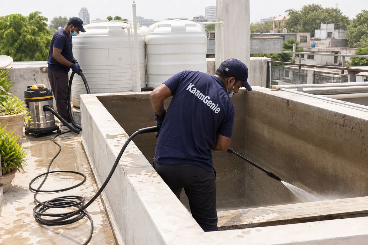 KaamGenie crew cleaning a overhead (rooftop) tank in Jor Bagh, Delhi