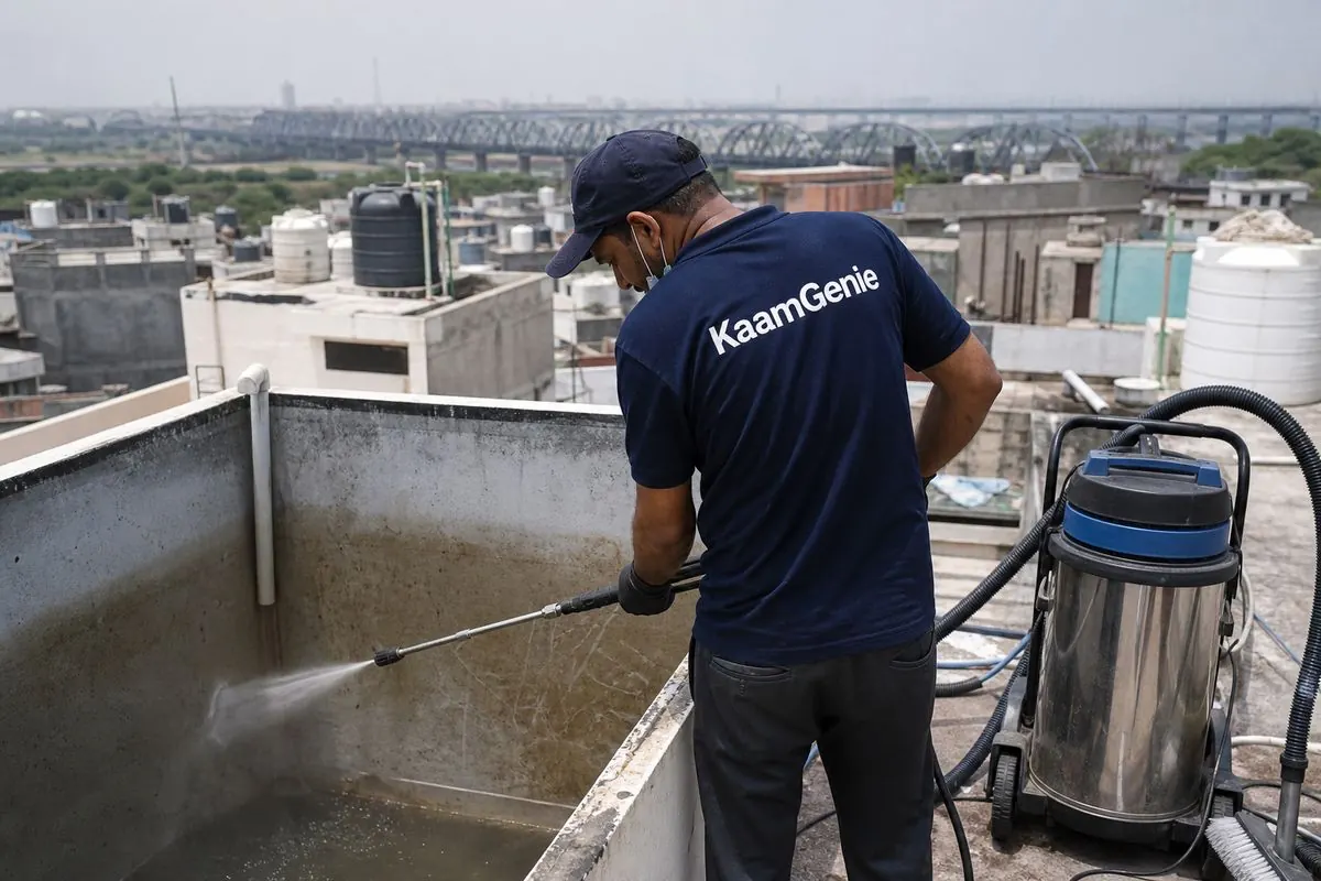 KaamGenie crew cleaning a overhead (rooftop) tank in Kailash Nagar, Delhi