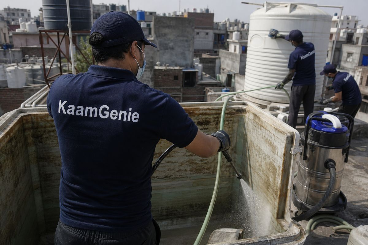 KaamGenie crew cleaning a overhead (rooftop) tank in Kalyanpuri, Delhi