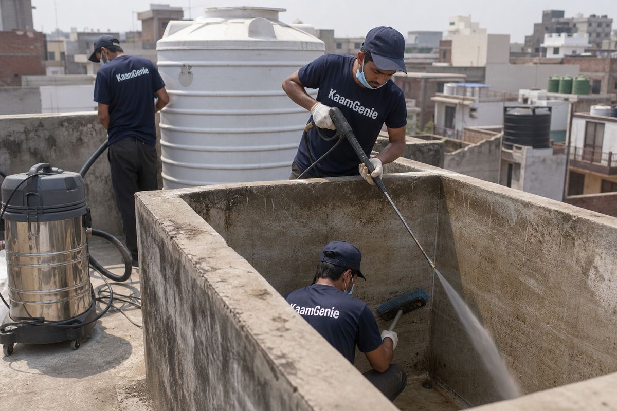KaamGenie crew cleaning a overhead (rooftop) tank in Kalyanvas, Delhi