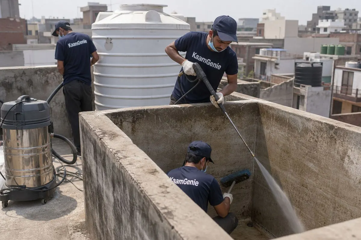 KaamGenie crew cleaning a overhead (rooftop) tank in Kalyanvas, Delhi