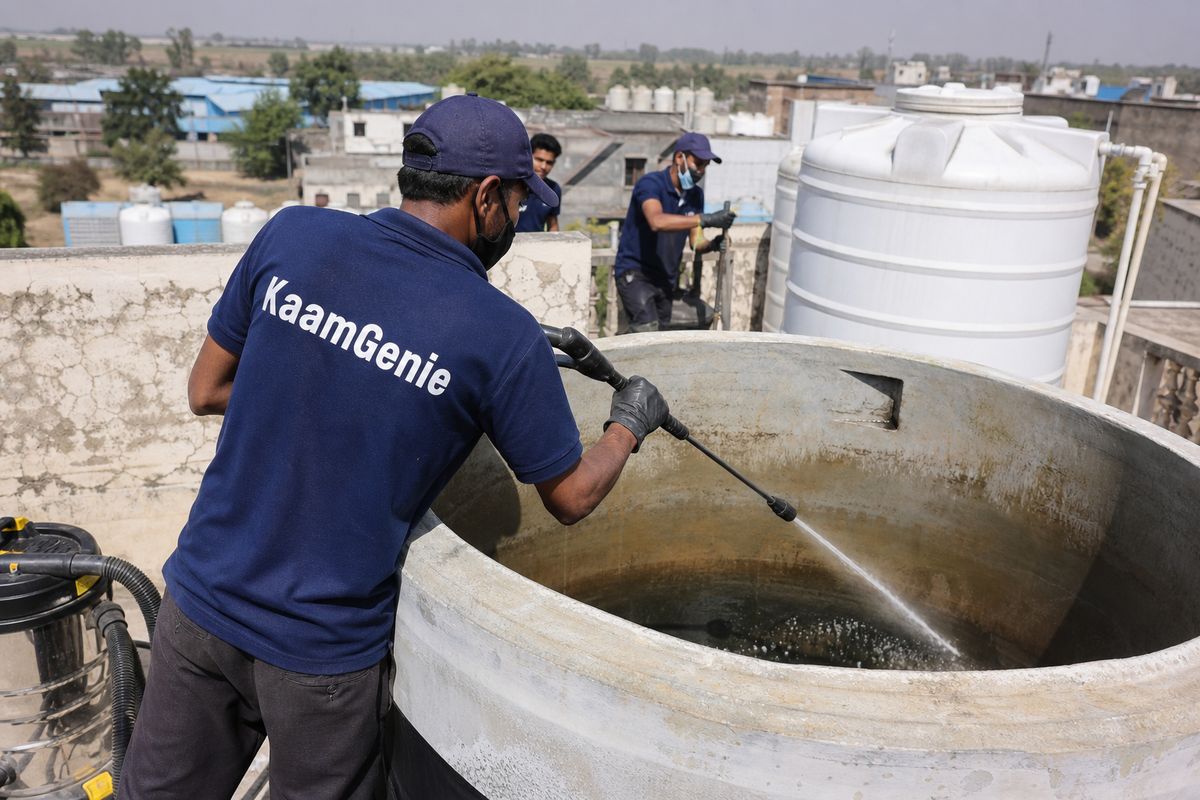 KaamGenie crew cleaning a overhead (rooftop) tank in Kanjhawla, Delhi
