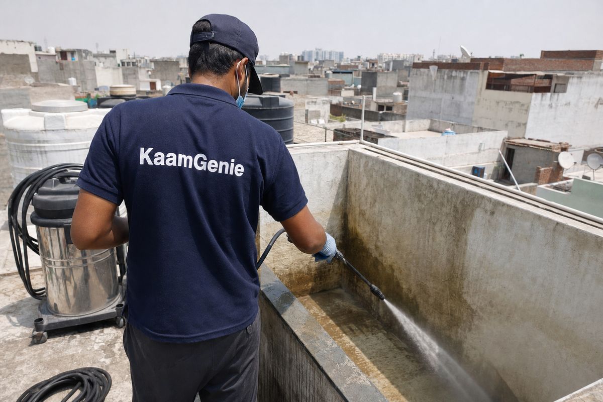 KaamGenie crew cleaning a overhead (rooftop) tank in Kapashera, Delhi