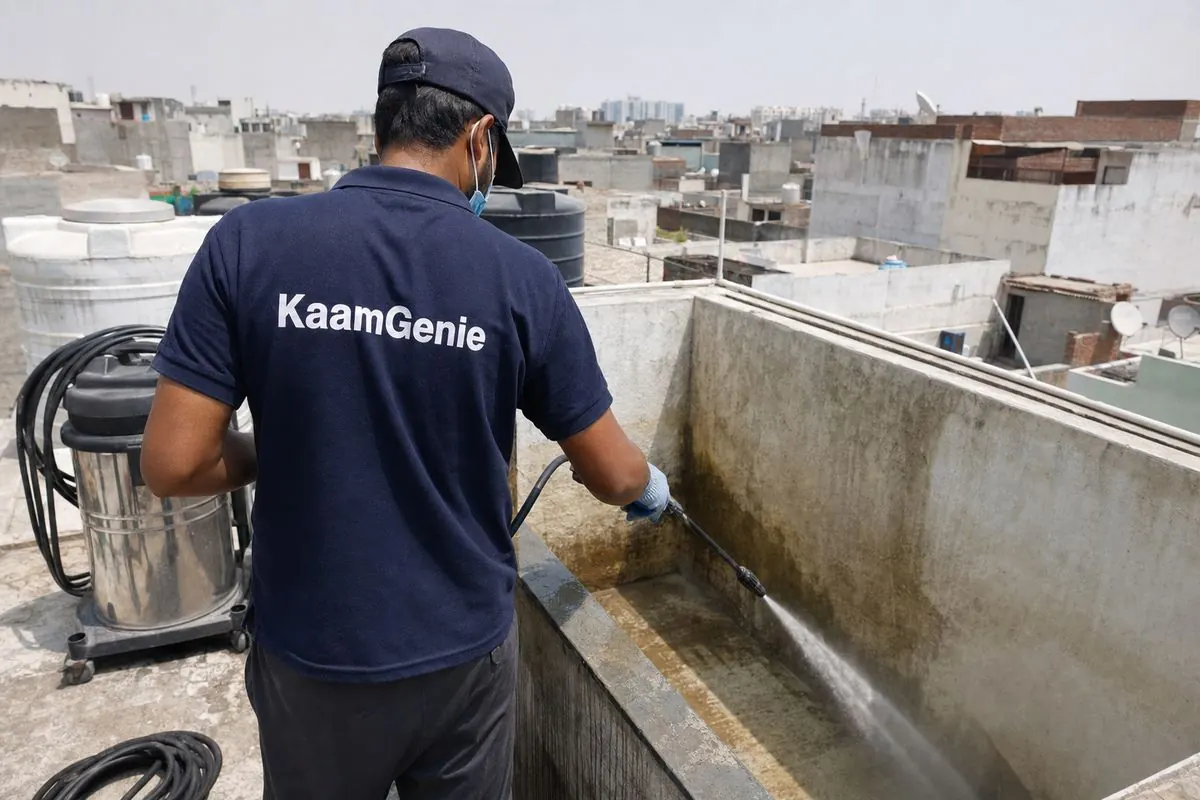KaamGenie crew cleaning a overhead (rooftop) tank in Kapashera, Delhi