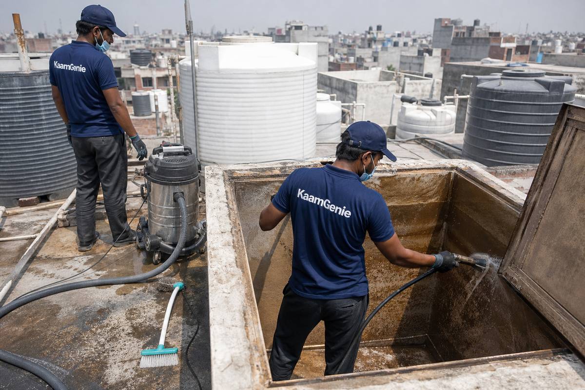 KaamGenie crew cleaning a overhead (rooftop) tank in Karawal Nagar, Delhi