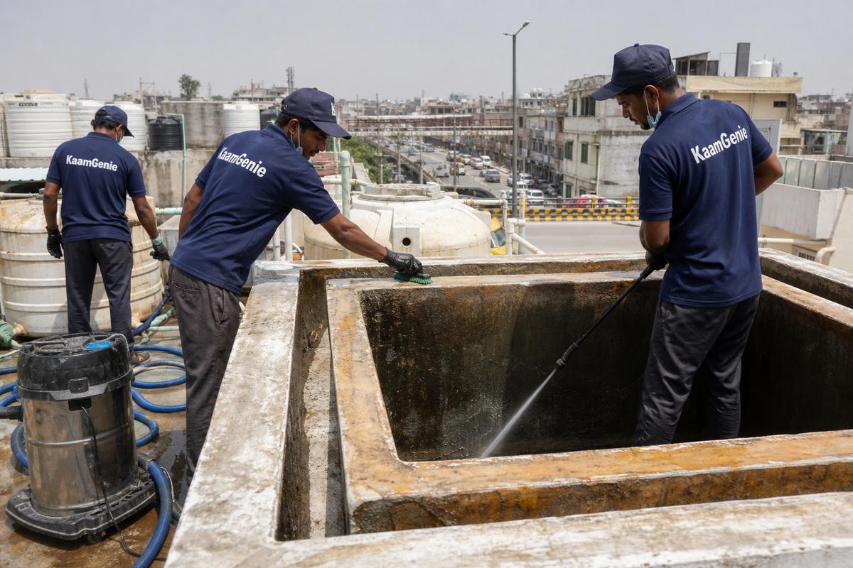 KaamGenie crew cleaning a overhead (rooftop) tank in Khajoori Khas, Delhi