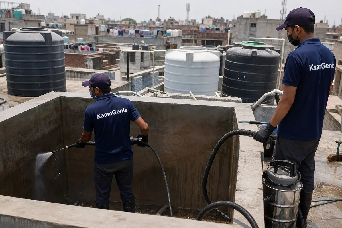KaamGenie crew cleaning a overhead (rooftop) tank in Khichripur, Delhi