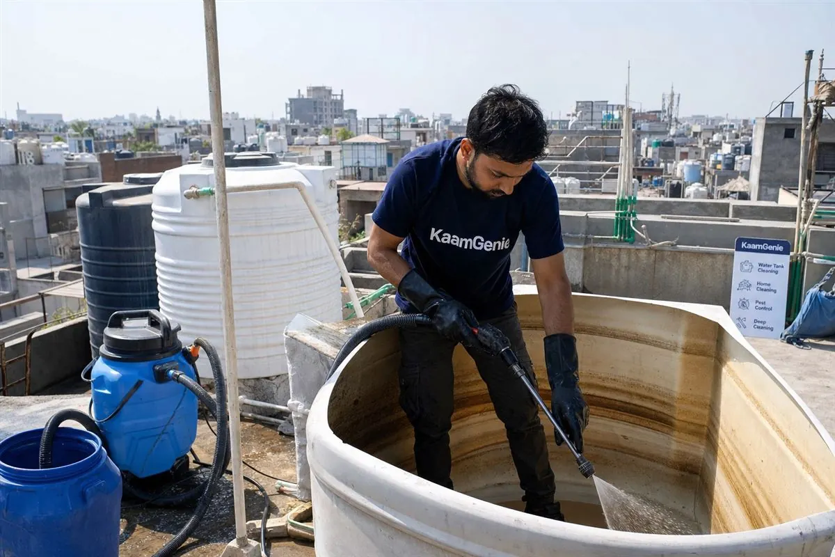 KaamGenie crew cleaning a overhead (rooftop) tank in Khirki Extension, Delhi