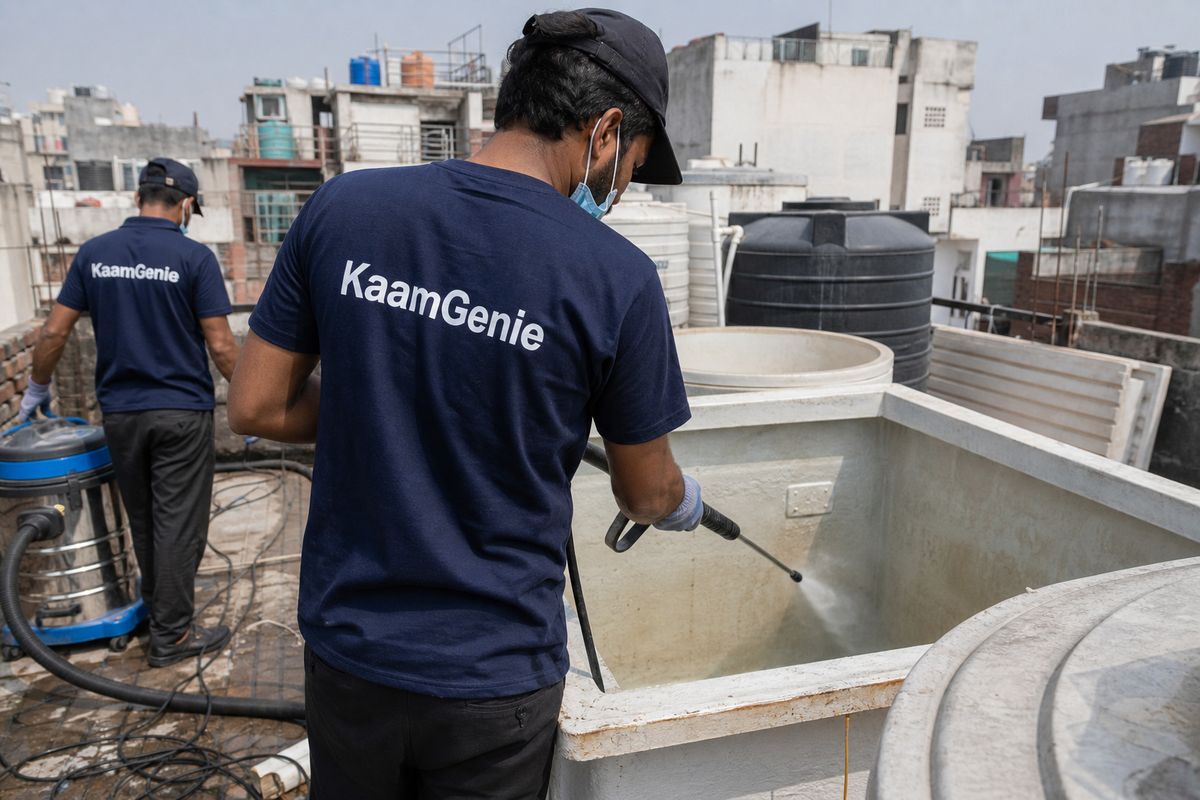 KaamGenie crew cleaning a overhead (rooftop) tank in Khyala, Delhi