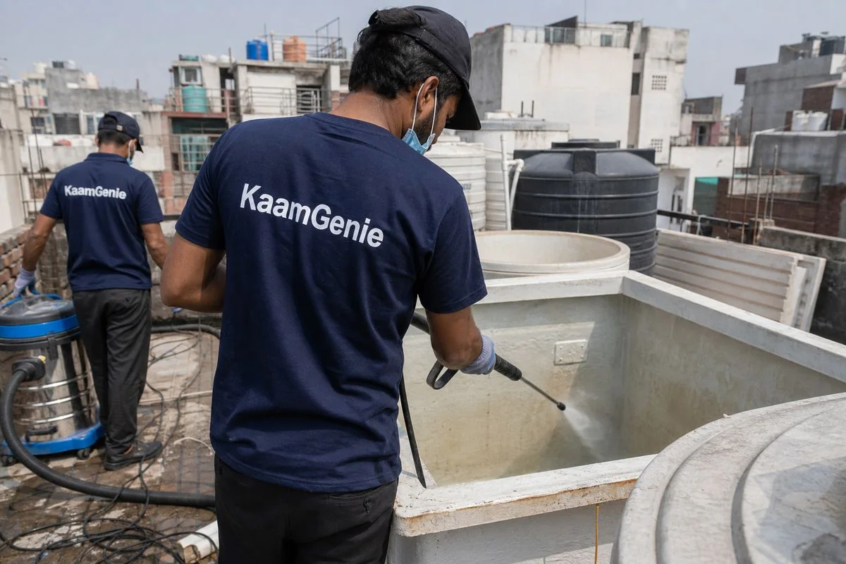 KaamGenie crew cleaning a overhead (rooftop) tank in Khyala, Delhi