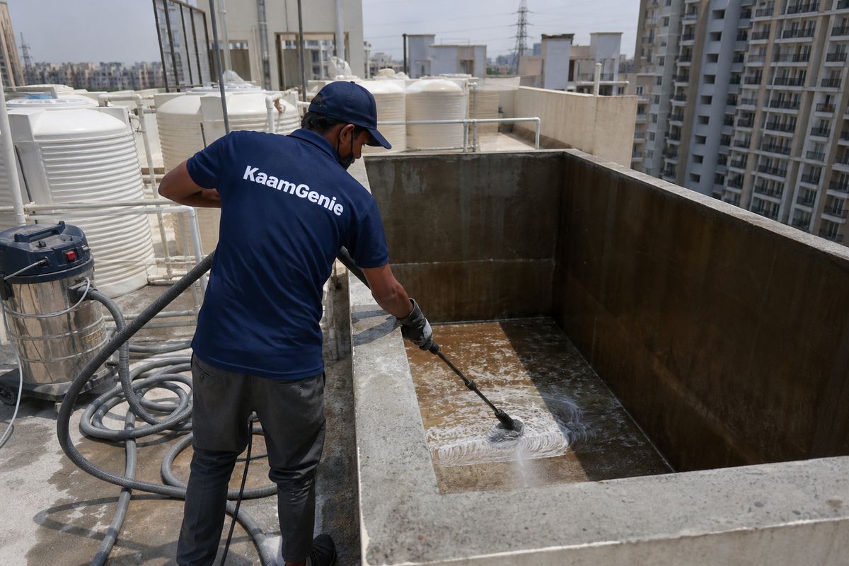 KaamGenie crew cleaning a overhead (rooftop) tank in Kidwai Nagar, Delhi