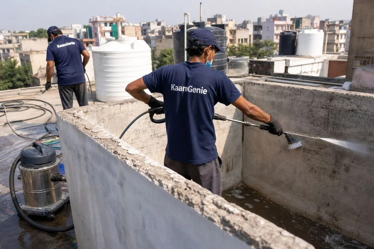 KaamGenie crew cleaning a overhead (rooftop) tank in Kingsway Camp, Delhi