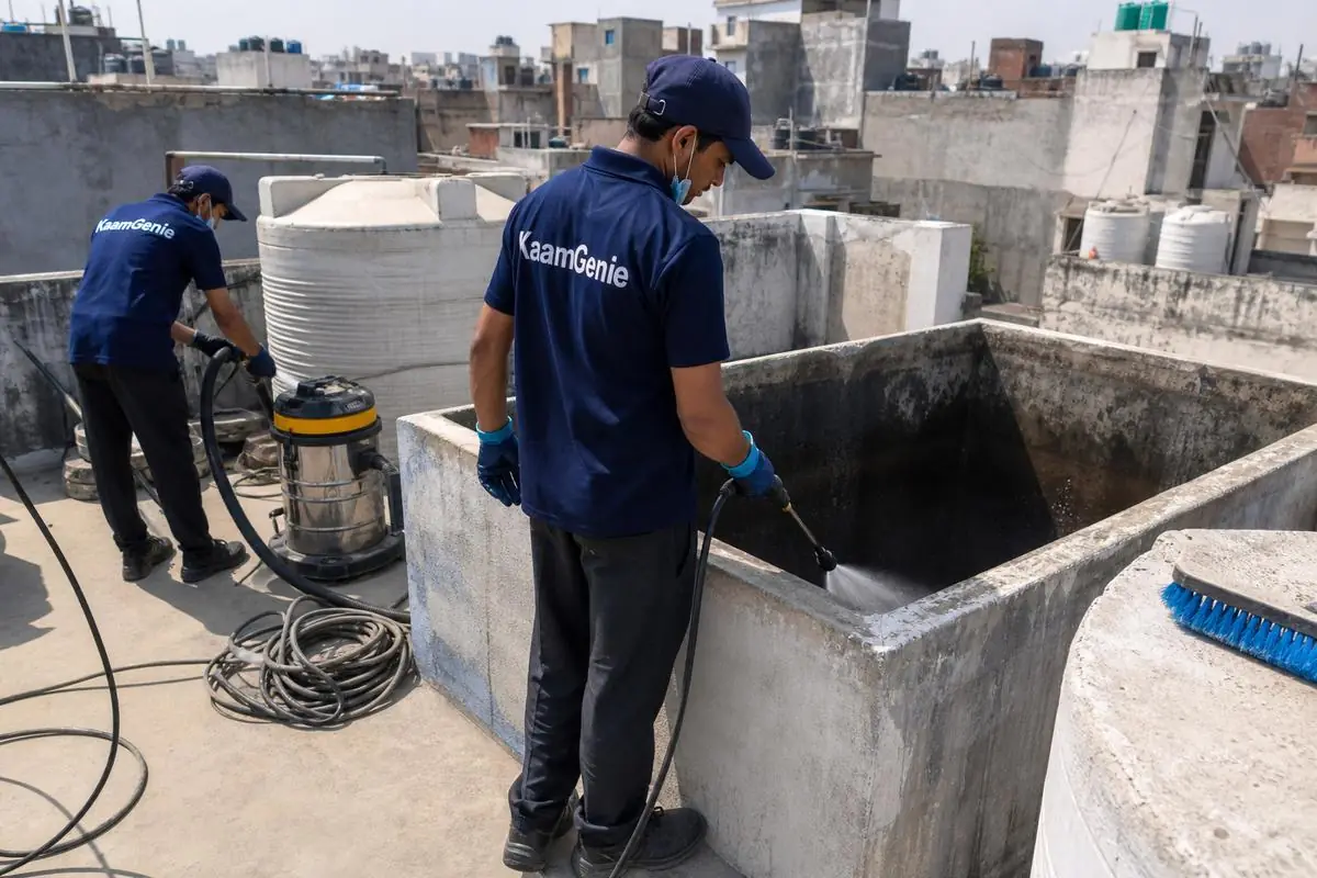 KaamGenie crew cleaning a overhead (rooftop) tank in Kirti Nagar, Delhi