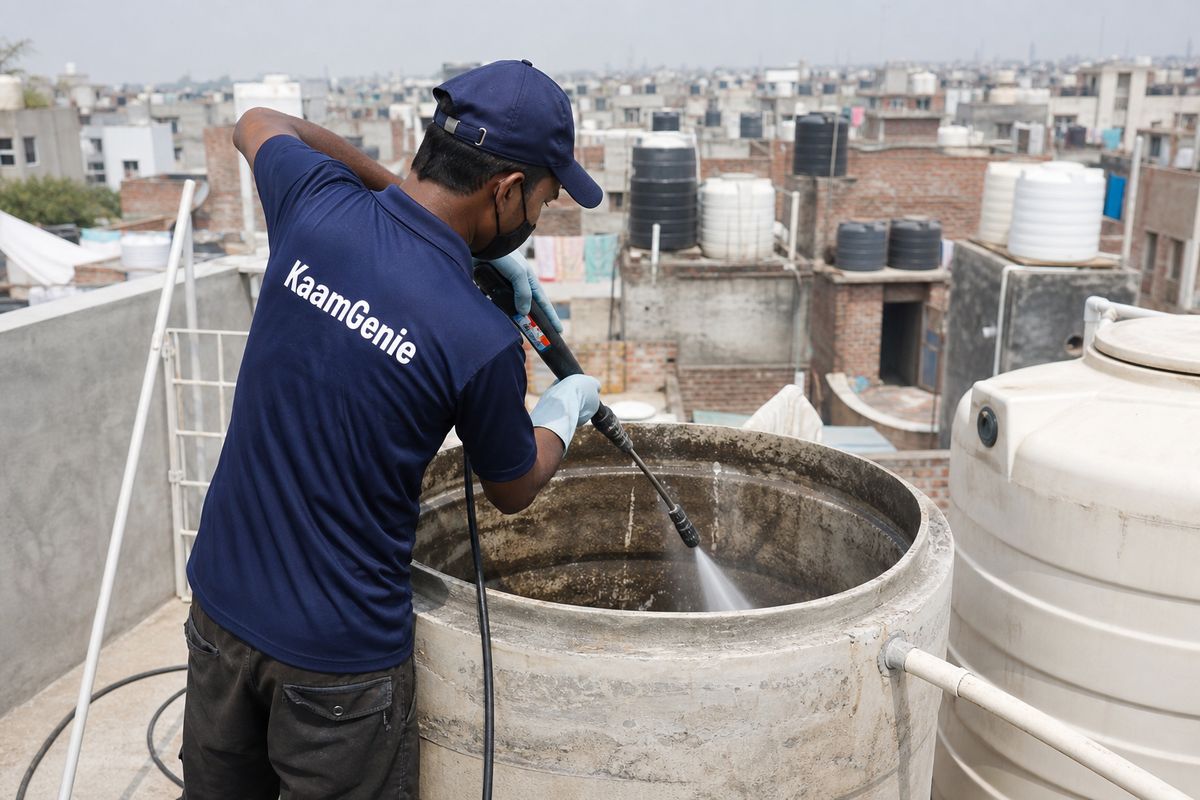 KaamGenie crew cleaning a overhead (rooftop) tank in Kondli, Delhi