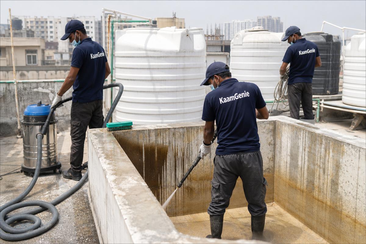 KaamGenie crew cleaning a overhead (rooftop) tank in Laxmi Nagar, Delhi