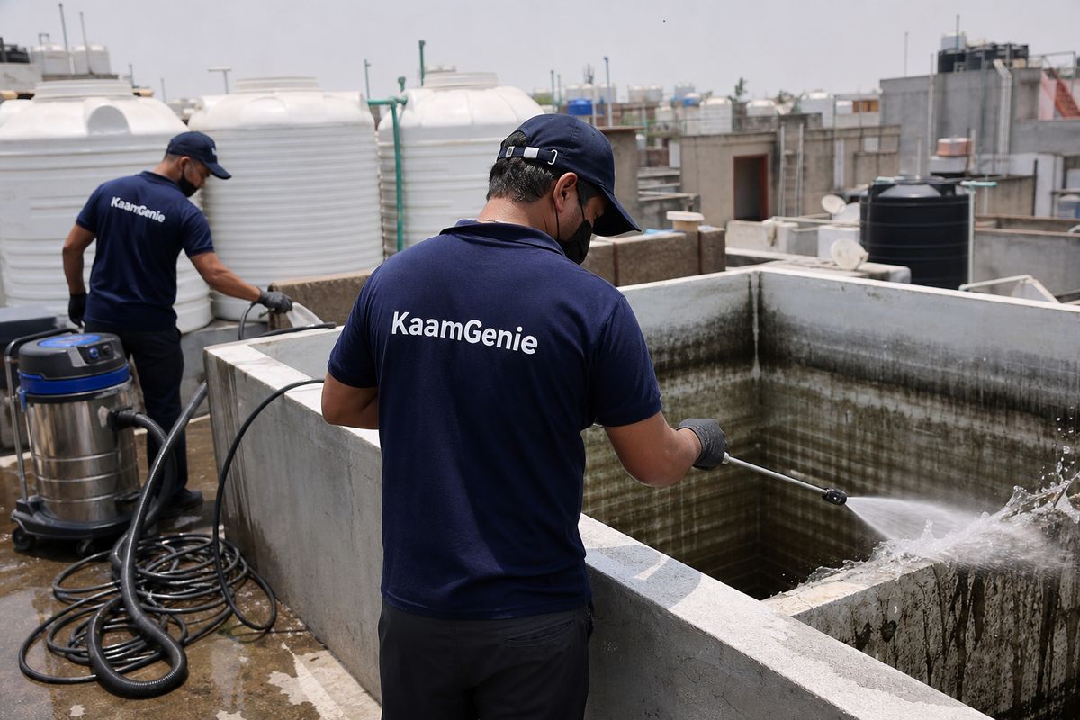 KaamGenie crew cleaning a overhead (rooftop) tank in Laxmi Nagar Extension, Delhi