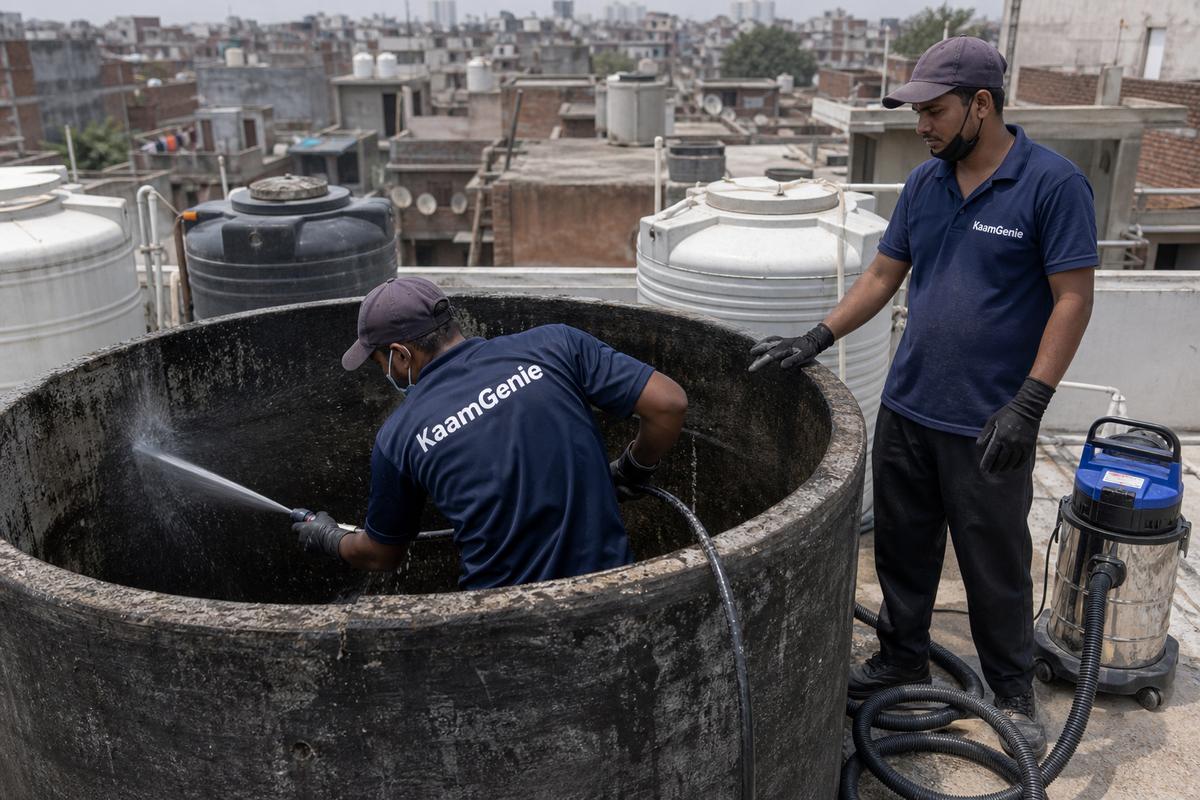 KaamGenie crew cleaning a overhead (rooftop) tank in Madipur, Delhi