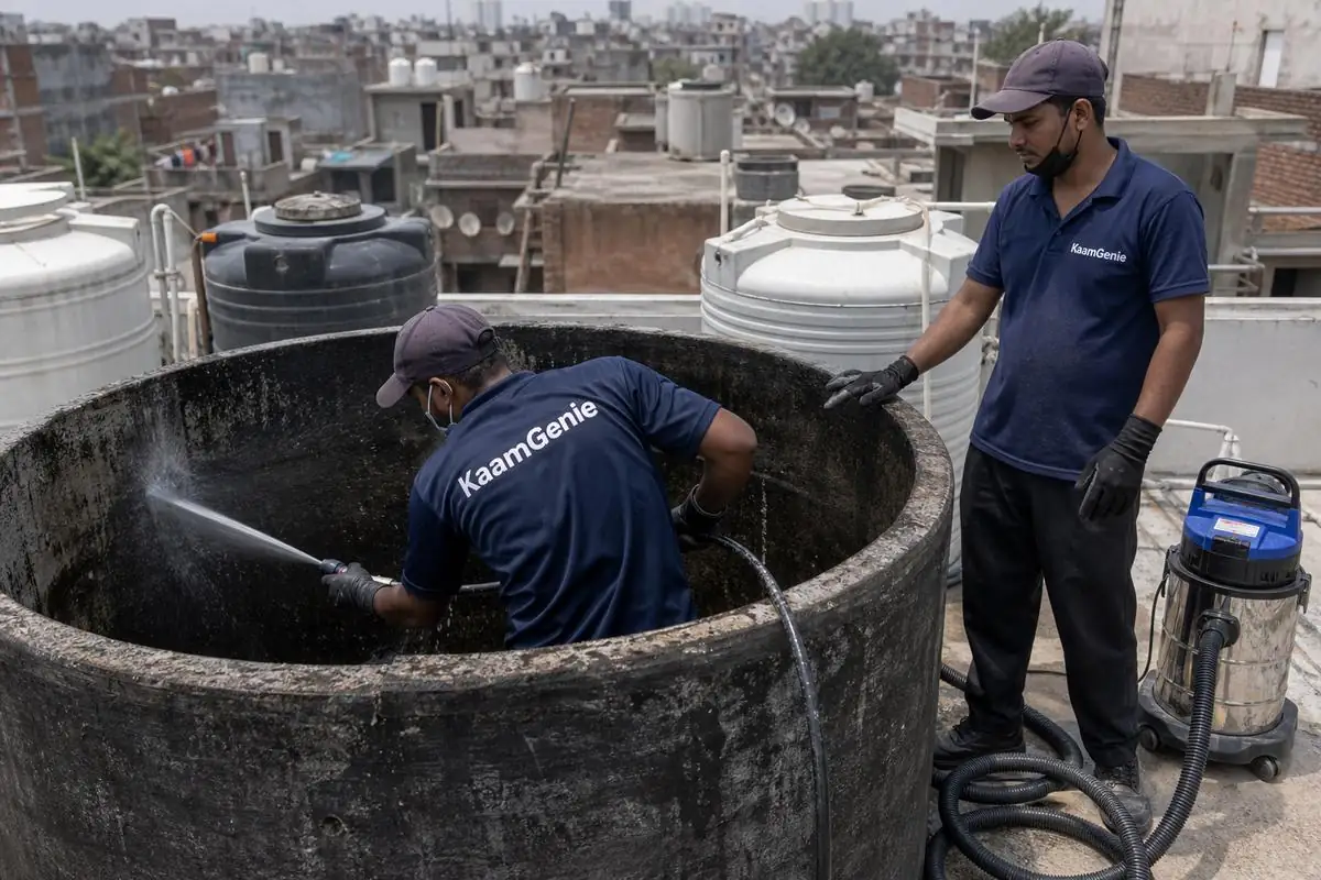 KaamGenie crew cleaning a overhead (rooftop) tank in Madipur, Delhi