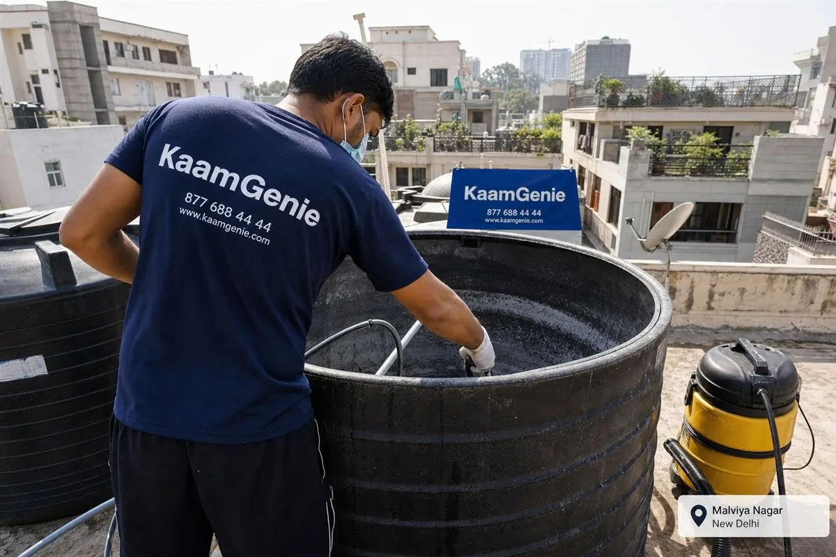 KaamGenie crew cleaning a overhead (rooftop) tank in Malviya Nagar, Delhi